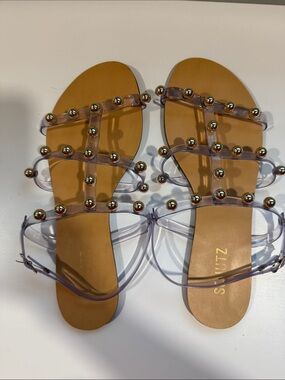 SCHUTZ Clear Strap Sandals with Gold Studs
